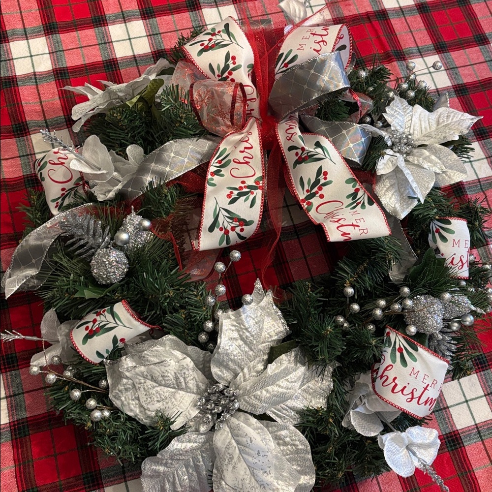 Silver White Red Christmas Holiday Wreath 20” CUSTOM Poinsettia Festive Sparkly